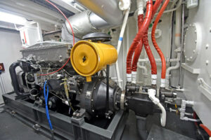 A Mitsubishi 6D24TC auxiliary engine runs the main hydraulics and a 48kW Mecc Alte 415/3/50 electrical generator.