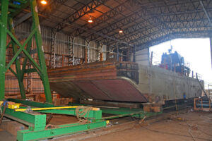 Replating work in progress in the repair hall on the freshwater tanker Albatross.