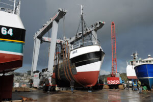 The 1969-built wooden vessel La Vagabonde des Mers was out of the water at C Toms & Son recently, alongside the new-build Isabelle.
